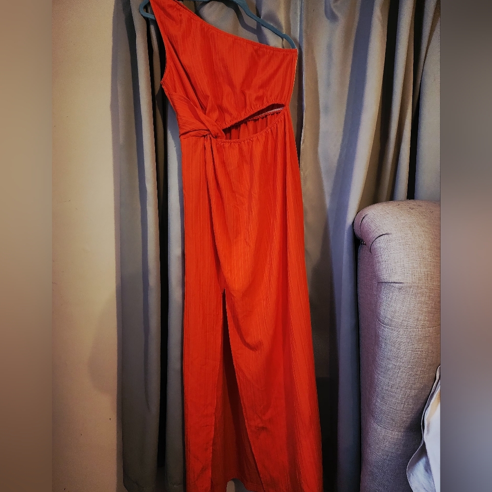 One-Shoulder Orange Maxi Dress Cut Out Slit